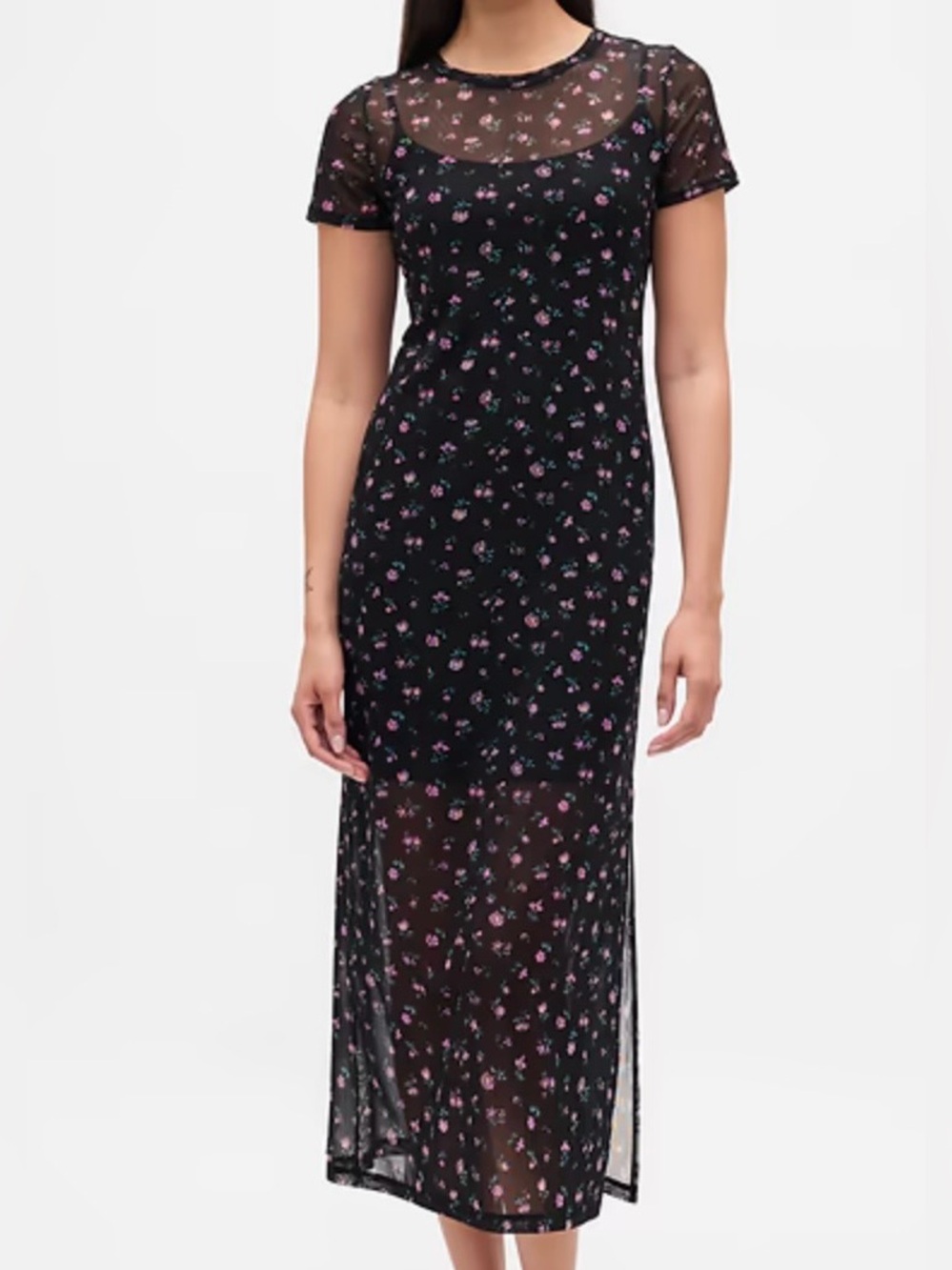 GAP Black Maxi Dress with Pink Floral Mesh Overlay